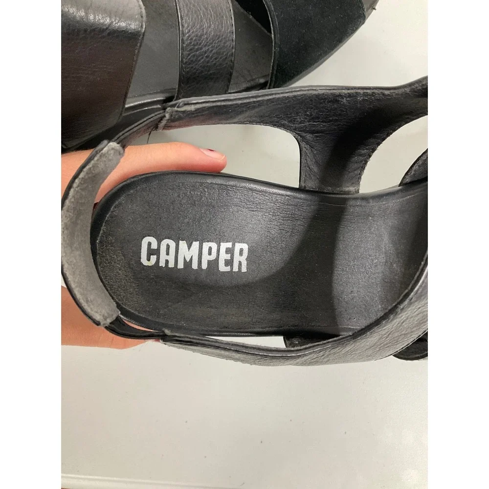 Camper‎ Oruga Up Black Leather Suede Platform Slingback Sandals Womens 42
